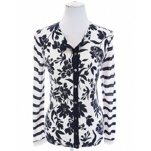 Foxcroft Sz S Navy Blue White Floral Print Knit Cardigan Sweater Nautical Womens